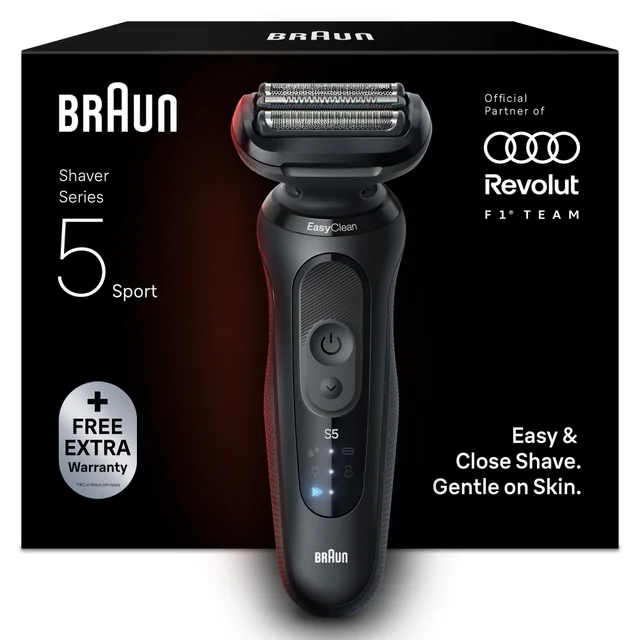 Braun Series 5 shaver promises an easy, fast shave that is gentle on the skin, as shown by a smiling man. [