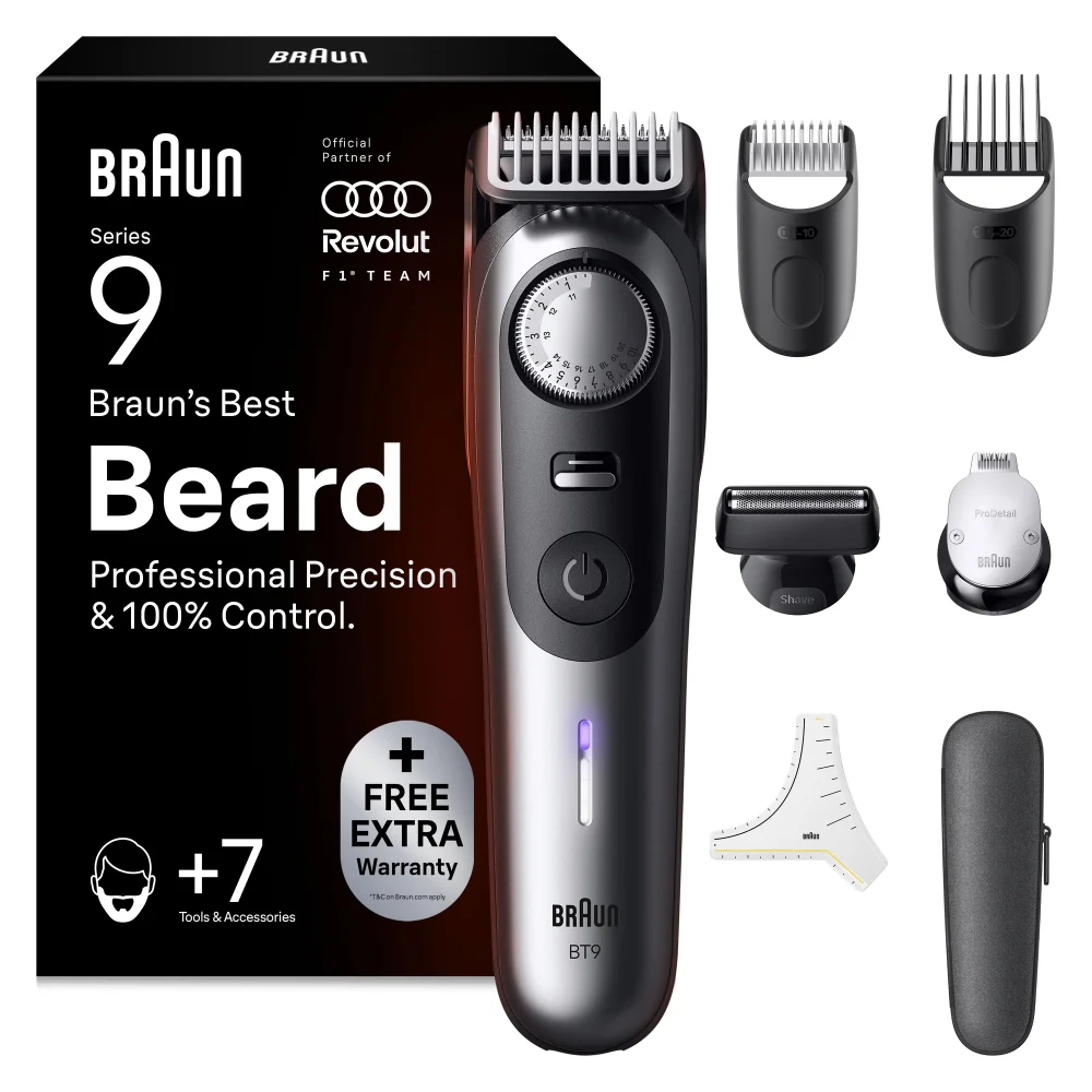 Braun Series 9 beard trimmer providing professional precision and 100% control for a perfectly groomed beard.