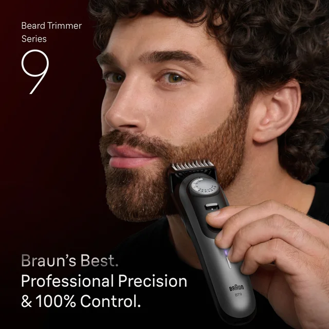Braun trimmer highlighting PowerBoost for maximum efficiency and ProBlade for lifetime ultra sharpness.