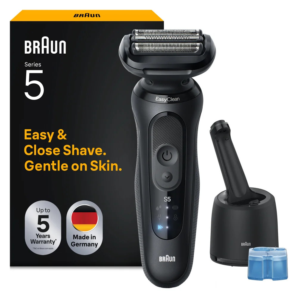 Braun Series 5 shaver promises an easy, fast shave that is gentle on the skin, as shown by a smiling man.
