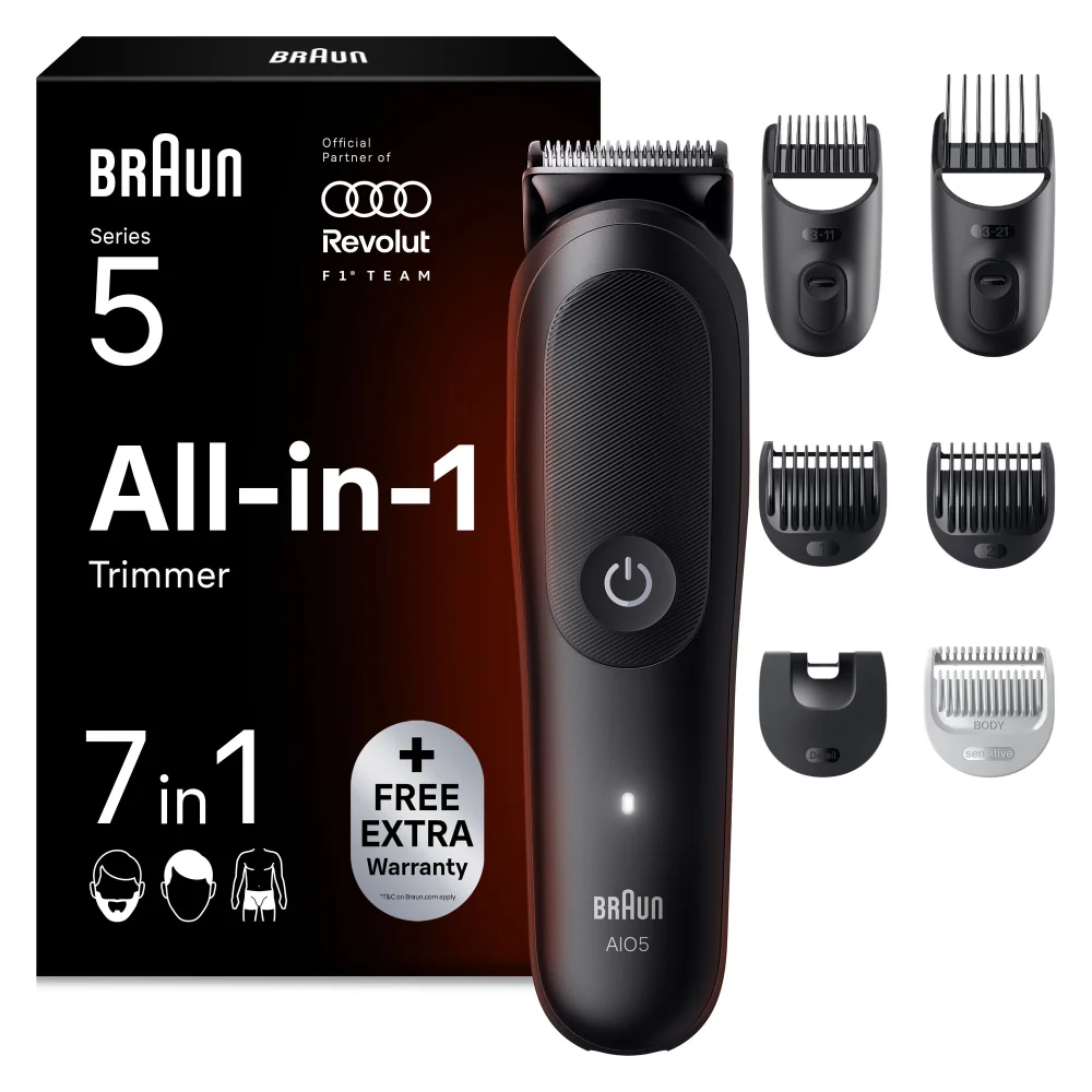 Man with neatly trimmed beard showcases the styling capabilities of the Braun Series 5 All-in-One trimmer.