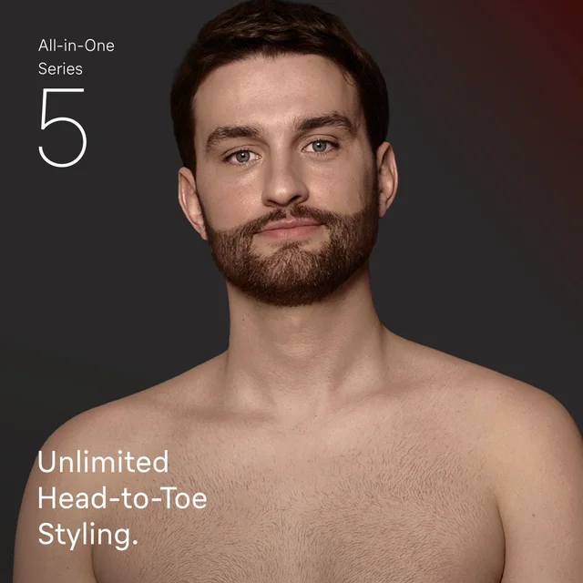 Braun trimmer shown used for body grooming, beard trimming, and hair cutting, highlighting its 7-in-1 versatility.