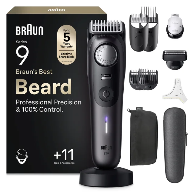 Braun Series 9 beard trimmer providing professional precision and 100% control while trimming a man's beard.