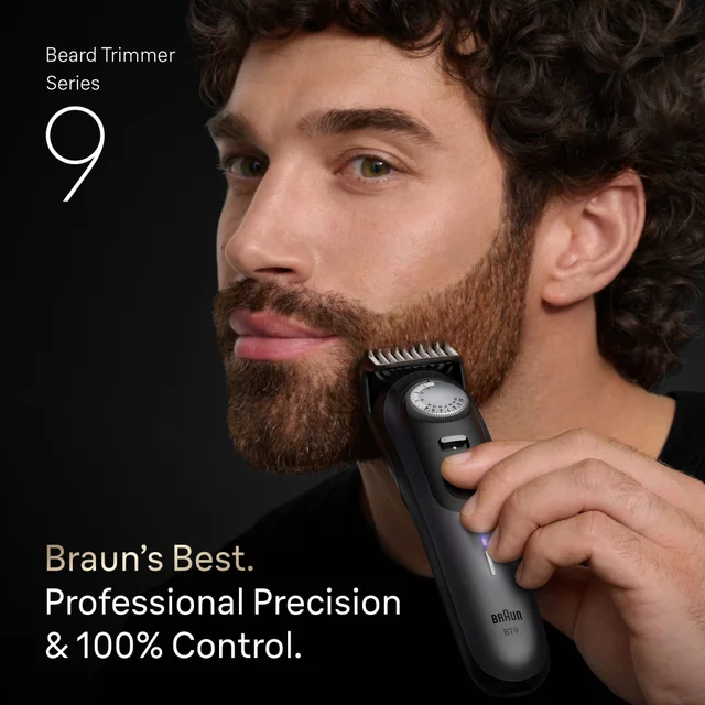 Braun trimmer highlighting PowerBoost for maximum efficiency and ProBlade for lifetime ultra sharpness.