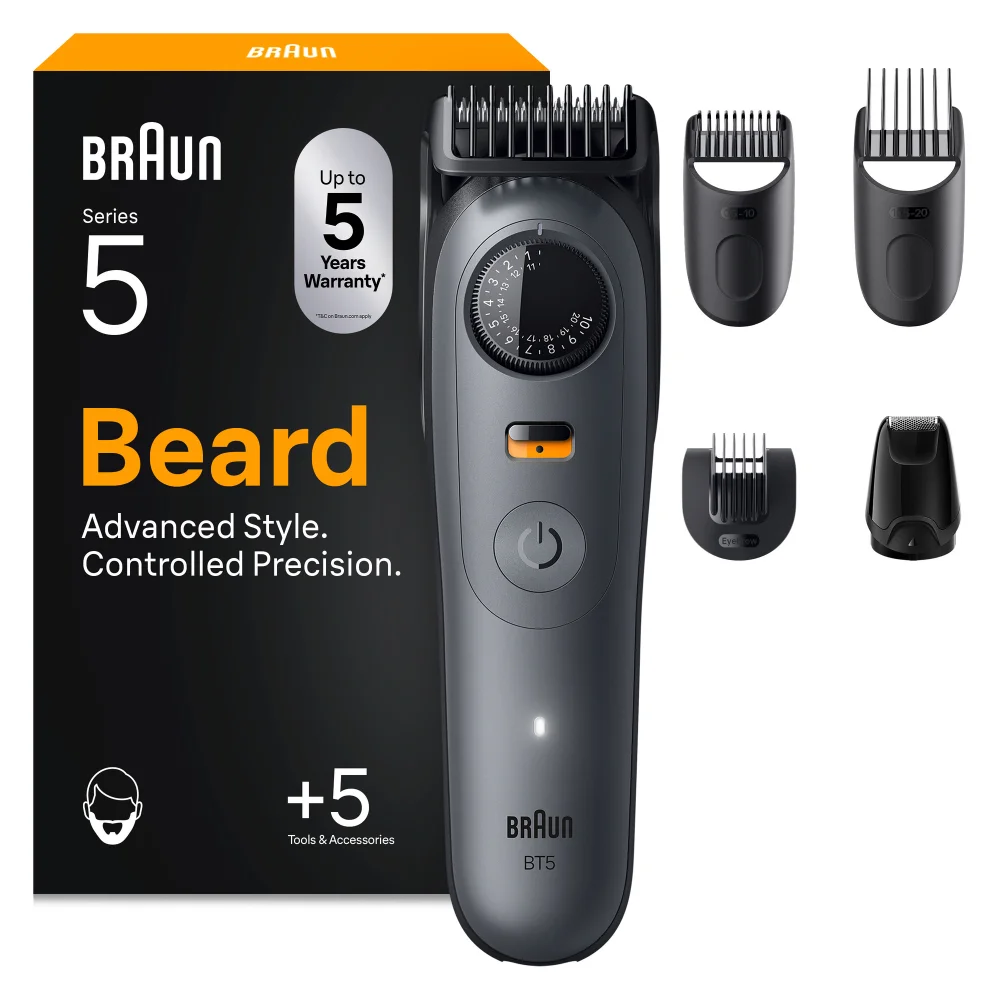 Braun Series 5 beard trimmer providing advanced style and controlled precision, as a man trims his beard.