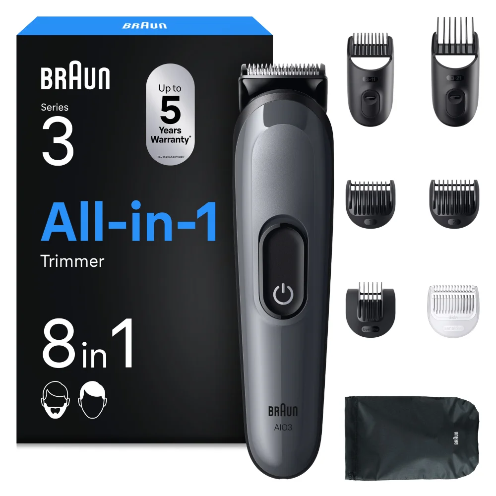 Braun Series 3 All-in-One styler promotes easy and fast styling, as shown by the man's well-groomed beard and smile