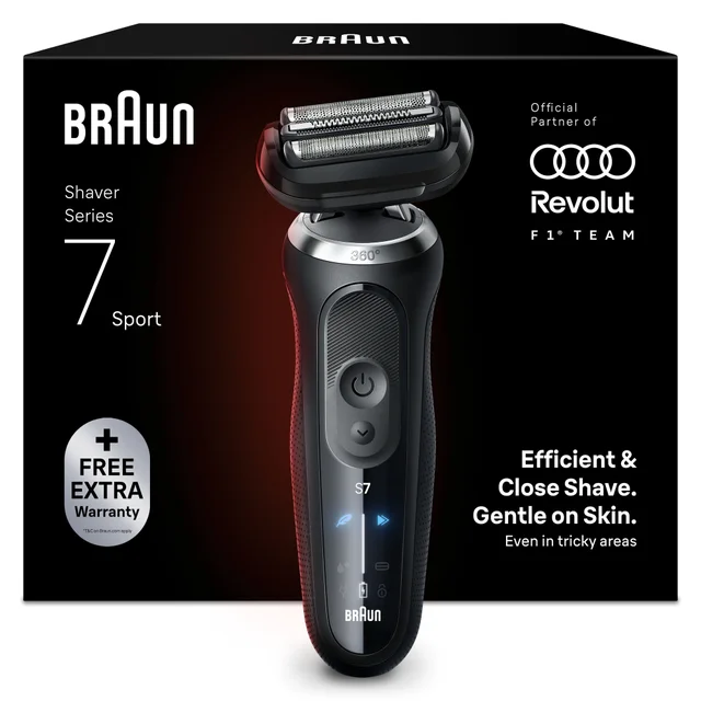 Braun Series 7 shaver provides a closer, faster shave that is gentle on skin, as shown by a man touching his smooth face.