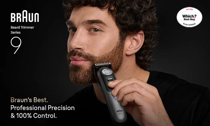 Man styling beard with Braun Beard Trimmer Series 9. Which Best Buy Beard Trimmers July 2025. Professional Precision.