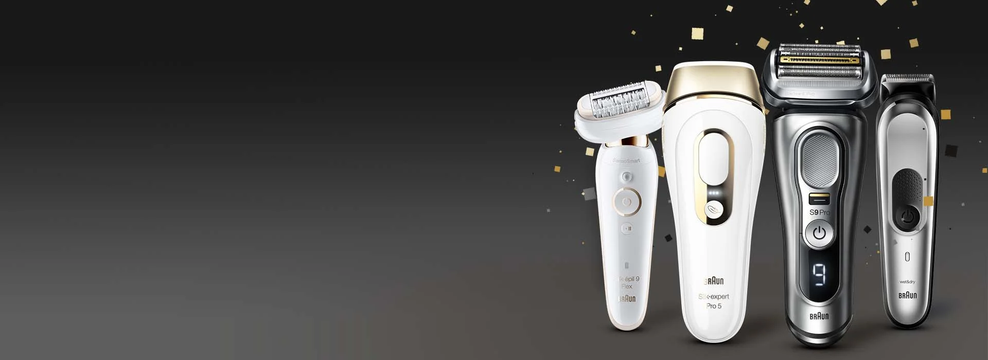 SEASONAL OFFERS FROM  BRAUN - black backdrop with Braun Silk-épil 9 Flex epilator,  Braun Silk-expert Pro 5 IPL, Braun Series 9 Pro and Braun 10-in-1 All-in-one Trimmer 7 MGK7220