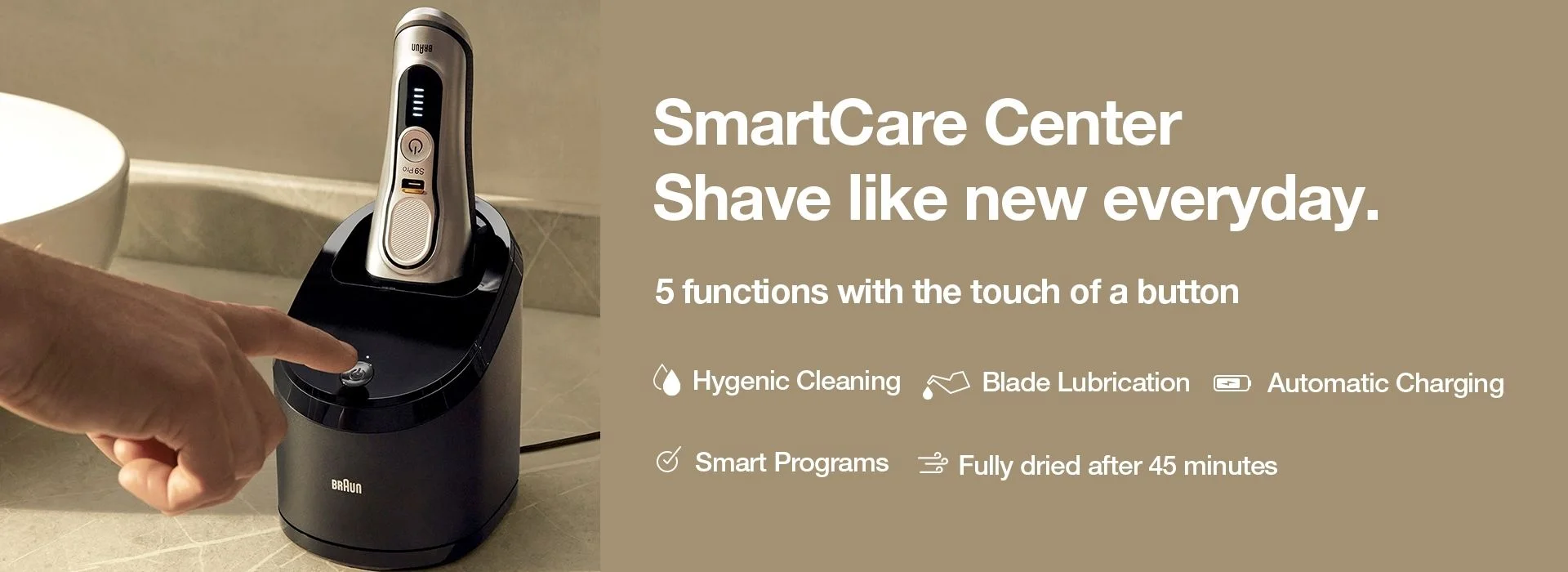Braun SmartCare Center with 5 functions—person activating it with Series 9 Pro inside