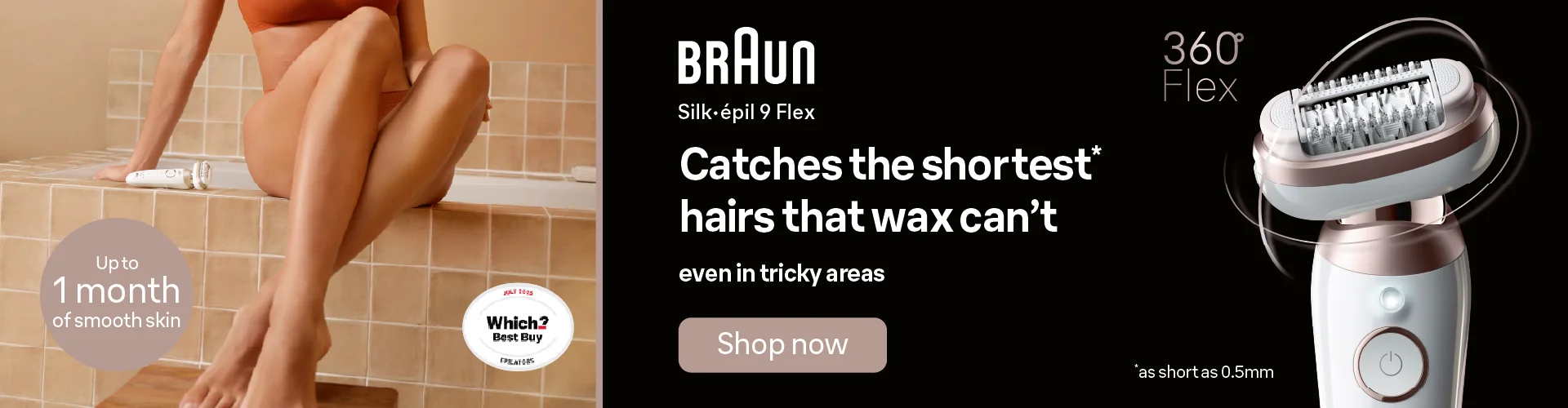 Woman sat on side of bath with Braun Braun Silk-épil 9 Flex epilator. Catches the shortest hairs that wax can't