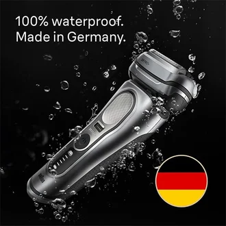 Braun Series 9 PRO+ Shaver surrounded by water droplets. 100% waterproof. Made in Germany.