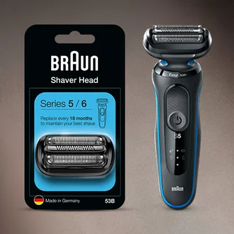 Image showing Series 5 shaver head replacement next to Series 5 electric shaver