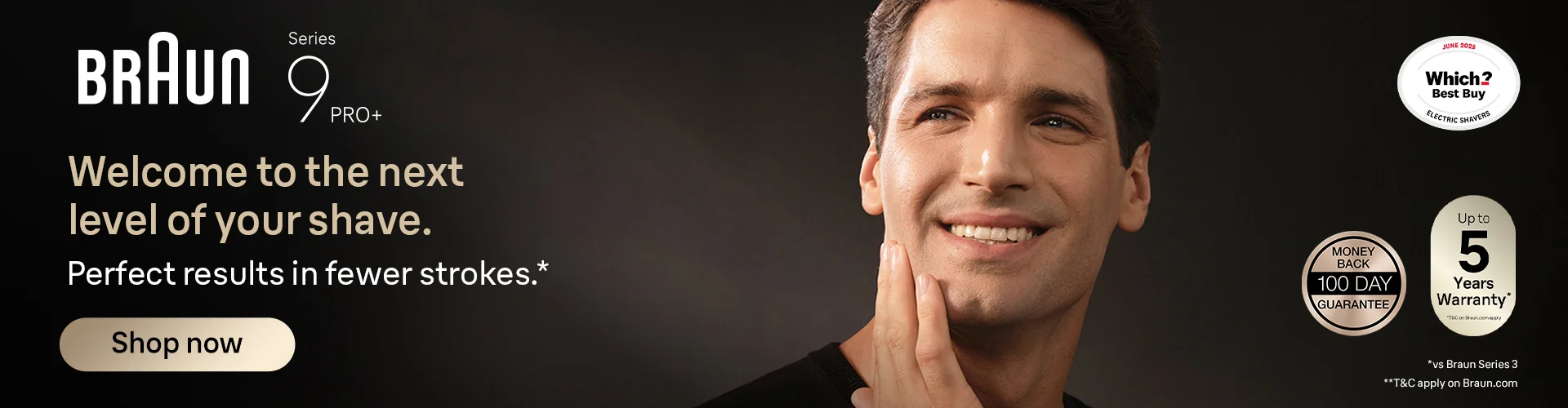 Man touching clean shaven face. Braun Series 9 PRO+ Electric shavers. Welcome to the next level of your shave