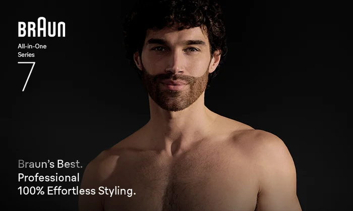 Man with bare chest and perfectly trimmed facial hair. Braun All-in-One Series 7 for effortless styling.
