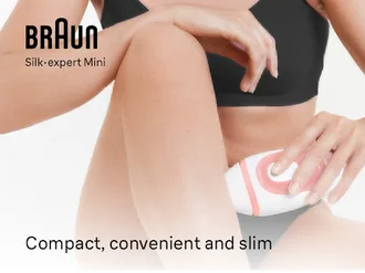 Braun Silk expert Mini. Woman using IPL on leg. Compact convenient and slim.