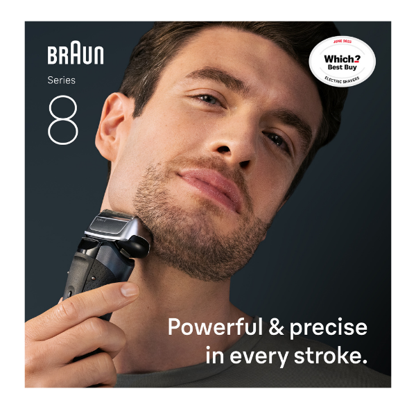 Man shaving wth Braun Series 8 Electric Shaver. Powerful & precise in every stroke. Which Shavers Best Buy July 2025