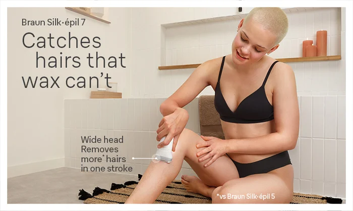 Braun Silk epil 7 being used in a bathroom to epilate a lady's legs. Catches hairs that wax can't.