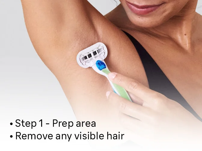 Woman shaving underarm.Step 1: prepare the area by shaving with Gillette Venus razor to remove any visible hair