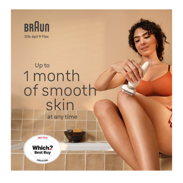 Woman using Braun Silk-épil 9 Flex epilator on leg. For up to 1 month of smooth skin. Which Epilators Best Buy July 2025.