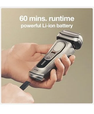 Braun Series 9 Pro with 60-min runtime—hands placing shaver on charger