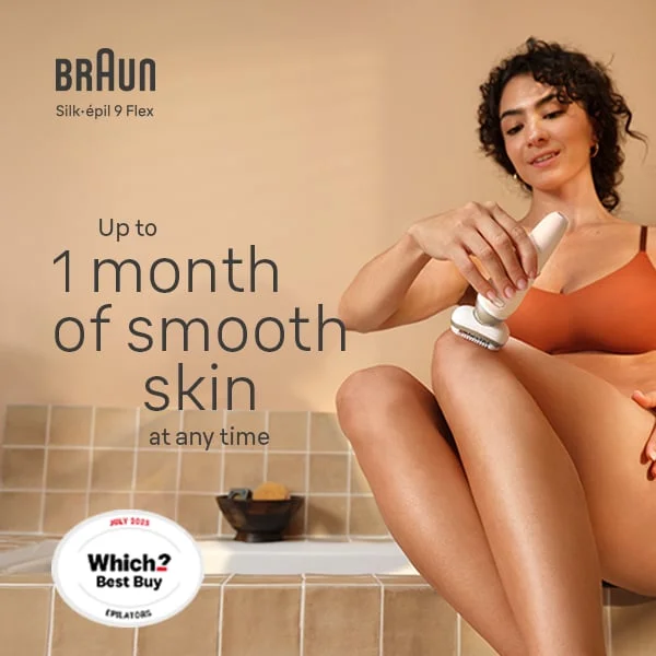 Woman using Braun Silk-épil 9 Flex epilator on leg. For up to 1 month of smooth skin. Which Epilators Best Buy July 2025.