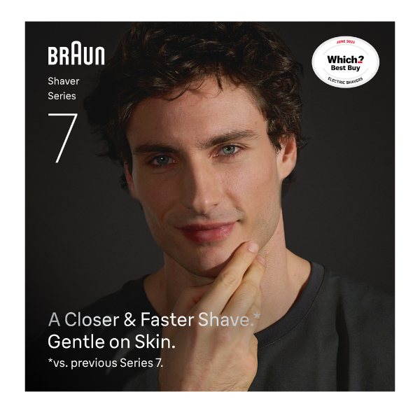 Man touching clean shaven face. Braun Series 7 shavers for a closer and faster shave. Which Shavers Best Buy July 2025
