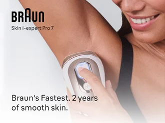 Braun Skin i expert Pro 7 IPL. Woman using IPL on underarm. Braun's fastest IPL for up to 2 years of smooth skin.