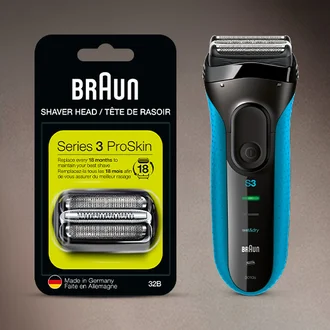 Image showing Series 3 pro shaver head replacement next to Series 3 pro electric shaver