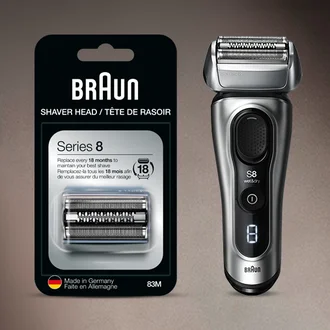 Image showing Series 8 shaver head replacement next to Series 8 electric shaver