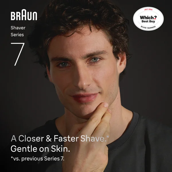 Man touching clean shaven face.  Braun Series 7 shavers for a closer and faster shave. Which Shavers Best Buy July 2025