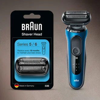 Image showing Series 6 shaver head replacement next to Series 6 electric shaver