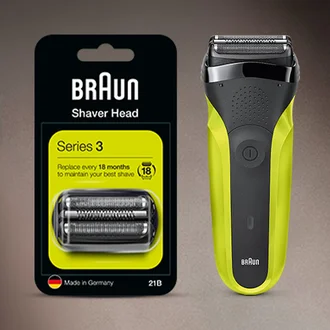 Image showing Series 3 shaver head replacement next to Series 3 electric shaver