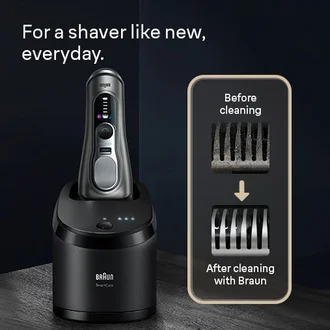 Braun Series 9 PRO+ Shaver inserted in 6-in-1 SmartCare Center. For a shaver like new every day.