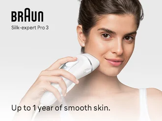 Braun Silk expert Pro 3 IPL. Woman using IPL on chin. For up to 1 year of smooth skin.