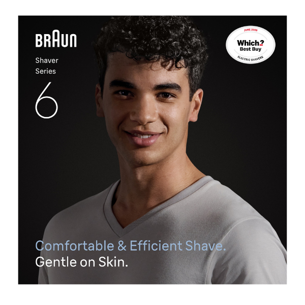 Man with clean shaven face. Braun Series 6 shavers for a close and comfortable shave. Which Shavers Best Buy July 2025