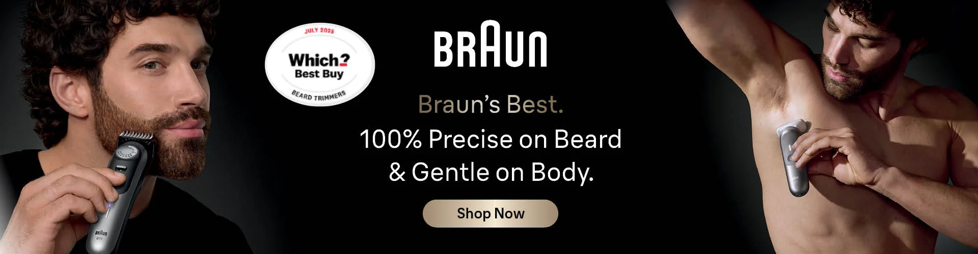 Man trimming beard with Braun Beard Trimmer and Man removing underarm hair with Braun Body Groomer. Up to 5 year warranty.