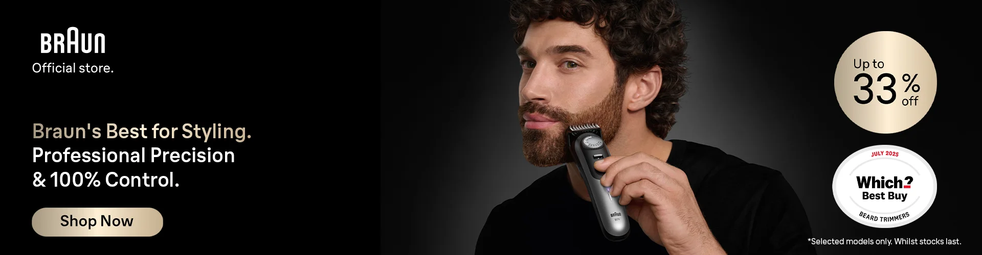 Man styling beard with Braun Series 9 Beard Trimmer. Professional Precision and 100% control. Up to 33% off.