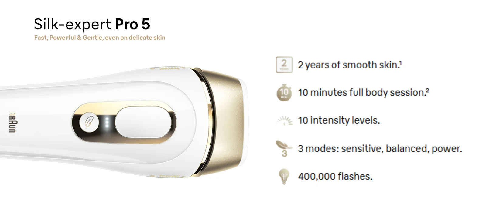 Silk expert Pro 5. Fast, powerful and gentle, even on delicate skin. Image of PL5 and its features. 2 years of smooth skin.