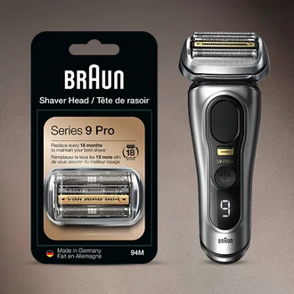 Image showing Series 9 shaver head replacement next to Series 9 electric shaver