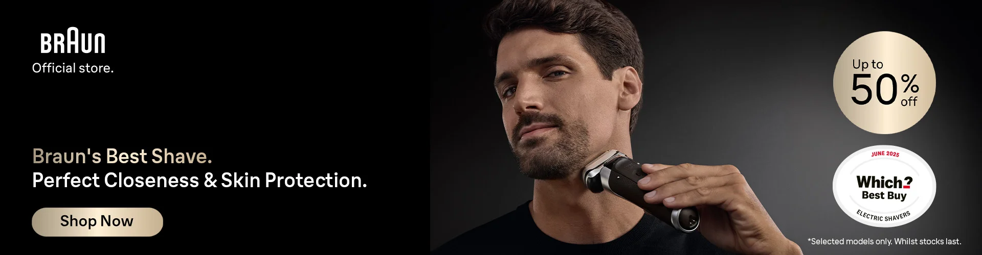 Man shaving with Braun Series 9Pro+ electric shaver. Braun’s Best shave for Perfect Closeness and Skin Protection. Up to 50% off.