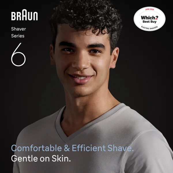 Man with clean shaven face.  Braun Series 6 shavers for a close and comfortable shave. Which Shavers Best Buy July 2025