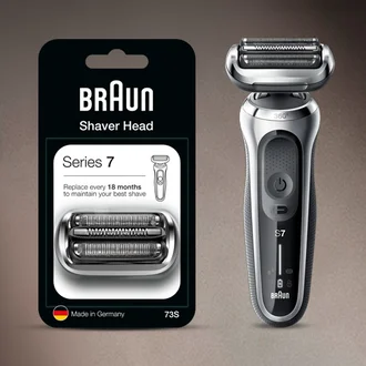 Image showing Series 7 shaver head replacement next to Series 7 electric shaver