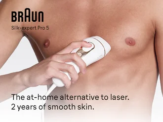 Braun Silk expert Pro 5 IPL. Man using IPL on chest. The at-home alternative to laser for up to 2 years of smooth skin.